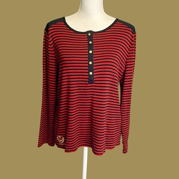 Lauren Ralph Lauren Vintage Red & Black Striped Cotton Button Detailed Shirt XL - Picture 1 of 12